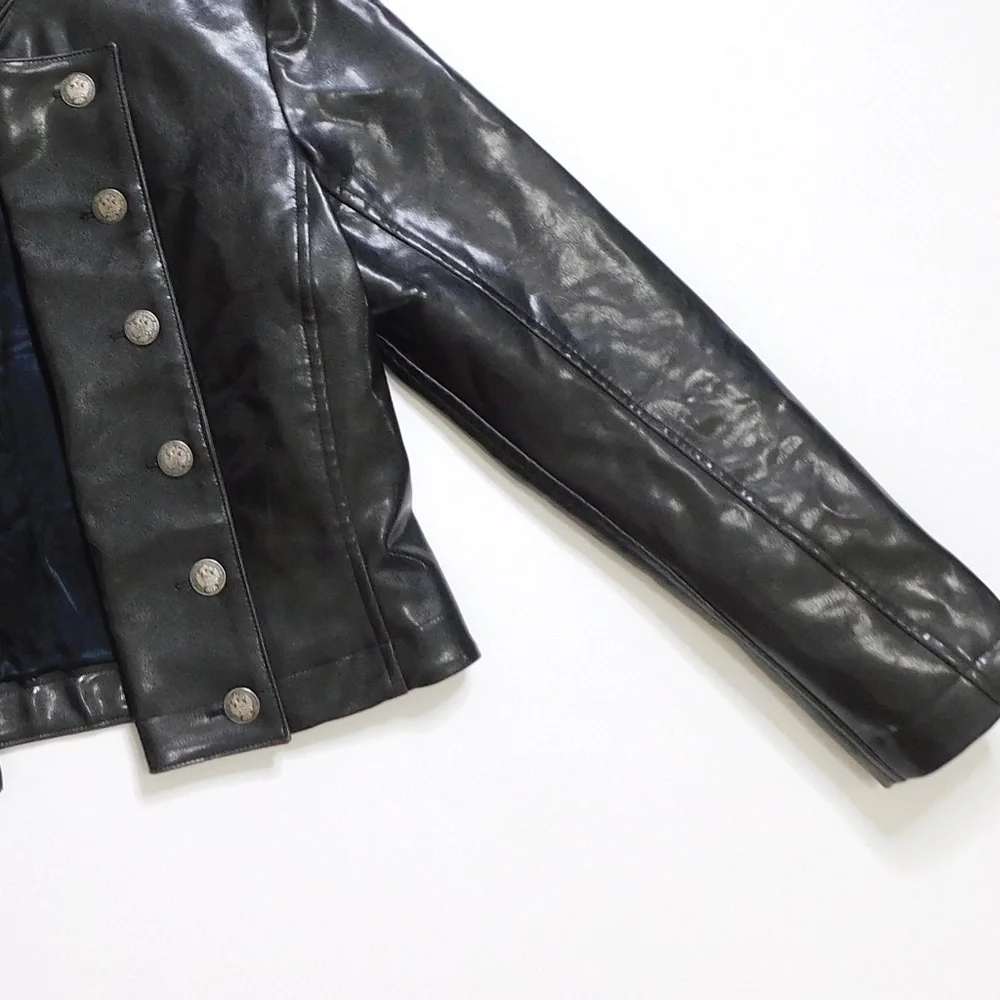 SHRINE OF HOLLYWOOD Faux Leather Jacket‎ Embossed Buttons Vegan Unisex Large